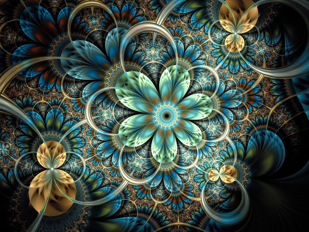 symmetrische donker oranje blauwe fractal bloem - Foto, afbeelding