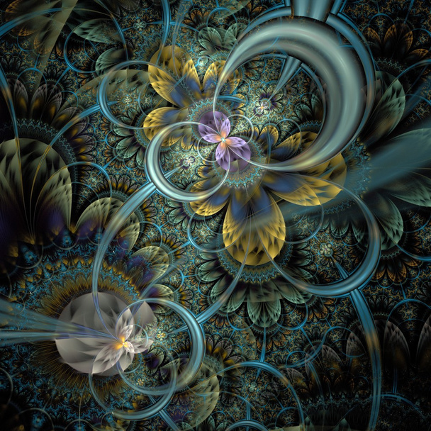Flor fractal azul laranja escuro simétrica
 - Foto, Imagem