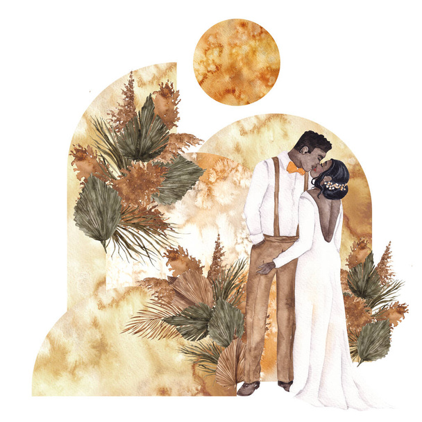 Watercolor wedding illustration. Pretty married and floral composition, isolated on white background - Φωτογραφία, εικόνα