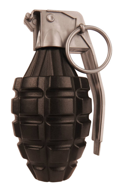 Grenade à main jouet en plastique noir et gris isolé sur fond blanc                                - Photo, image