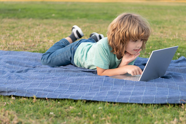 little child use modern wireless laptop on park grass, online education - Photo, Image