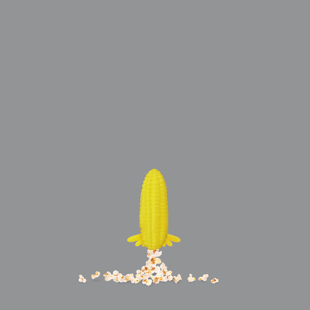 Kukurydza kolba jako rakieta kosmiczna uruchomienie produkcji popcorn trendy kwadratowy szary tło - Zdjęcie, obraz