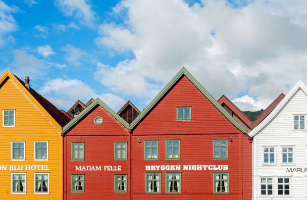 BERGEN, NORWAY - 27 august, 2020: Bryggen, a UNESCO World Cultural Heritage site since 1979, is a series of Hanseatic commercial buildings lining the eastern side of the fjord coming into Bergen, Norway. - 写真・画像