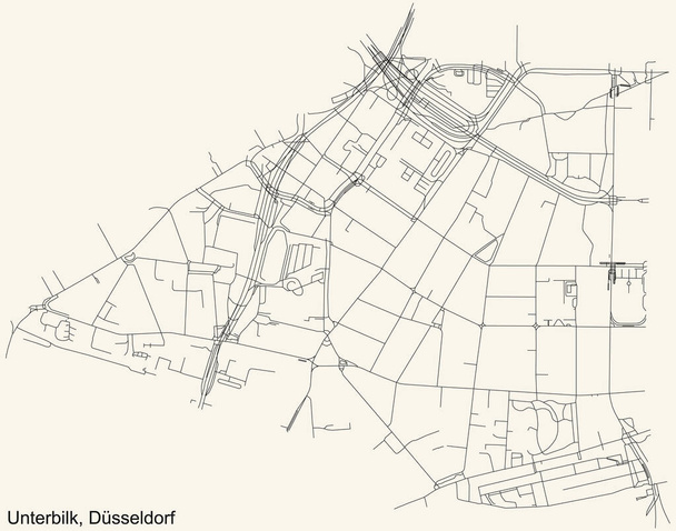 Negro simple y detallado mapa de carreteras en el fondo beige vintage del barrio Unterbilk Stadtteil de Dsseldorf, Alemania - Vector, Imagen