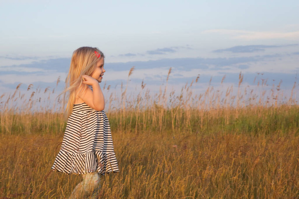 Candid portrait of happy toddler girl on a meadow  - Fotó, kép