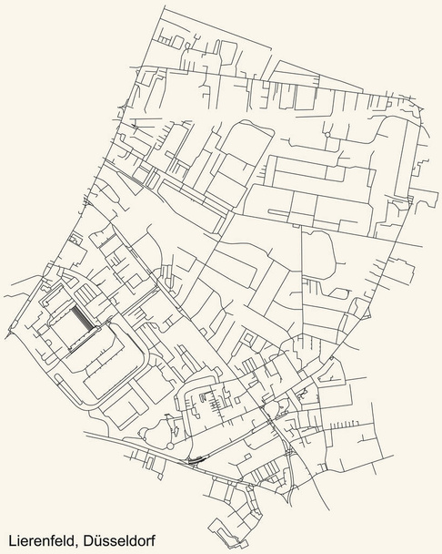 Schwarze, einfache, detaillierte Straßenkarte auf beigem Hintergrund des Stadtteils Lierenfeld in Düsseldorf - Vektor, Bild