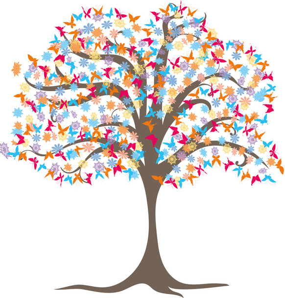 Векторный рисунок цветущего дерева с цветами и бабочками - Вектор,изображение