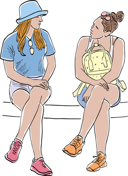 Vector drawing of two young city girls sitting and talking outdoors on summer day - Vector, Image