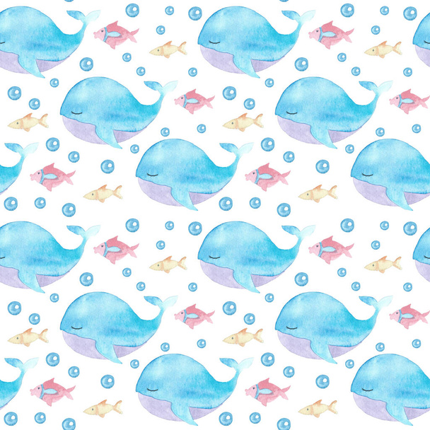 Watercolor pattern with whales and fish - Fotó, kép