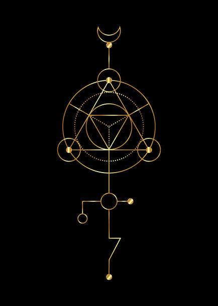 Geometría sagrada signos místicos abstractos. Forma de triángulo geométrico de línea delgada Merkaba, símbolos esotéricos o espirituales. aislado sobre fondo negro. Formas lineales doradas. Para su diseño: tatuaje, impresión, tarjeta - Vector, Imagen