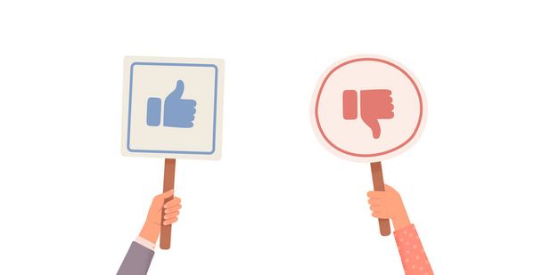 Hands holding signs with likes and dislikes. Votes of judges. Feedback. Hands holding likes and dislikes signs. Vector illustration - Vetor, Imagem