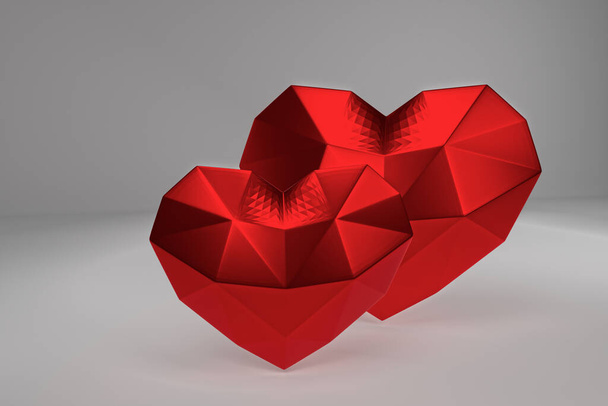 3D рендеринг. День Святого Валентина с красными многоугольными сердцами - Фото, изображение