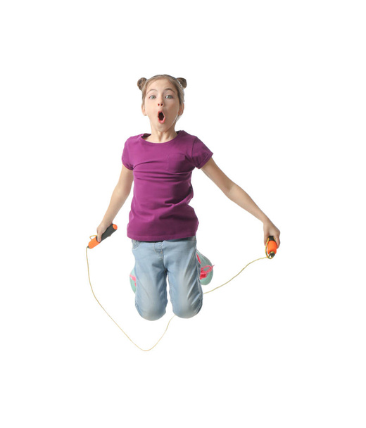 Cute little girl with jump rope on white background - Fotografie, Obrázek