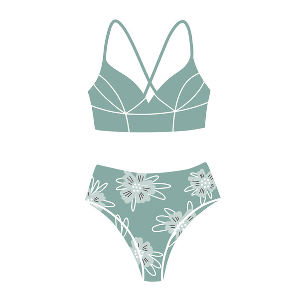 Two-piece swimsuit with floral print. Modern fashion stylish swimsuit. Vector Illustration. Bathing clothes - Vector, Image