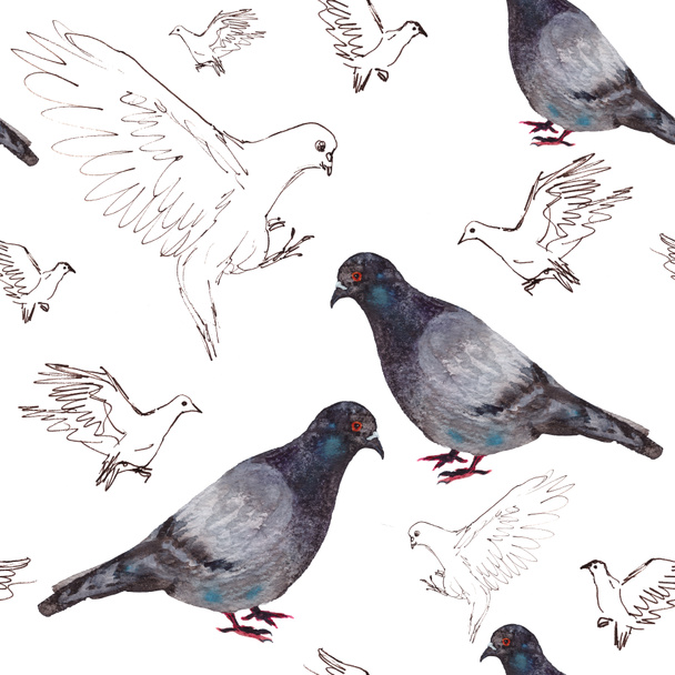 naadloos patroon van aquarelduiven en lineaire grafische zwart-wit tekening vliegende duiven - Foto, afbeelding