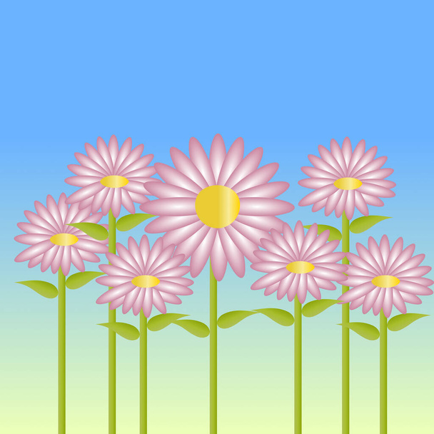 Różowe kwiaty na niebieskim i zielonym tle - Wektor, obraz