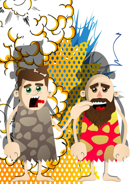 Cartoon prehistoric man comforting another. Vector illustration of a man from the stone age. Helping a friend when he is sad. - Vector, Image