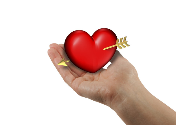 σωστή γυναίκα χέρι με κόκκινο και παχουλός καρδιά σε λευκό φόντο - Φωτογραφία, εικόνα