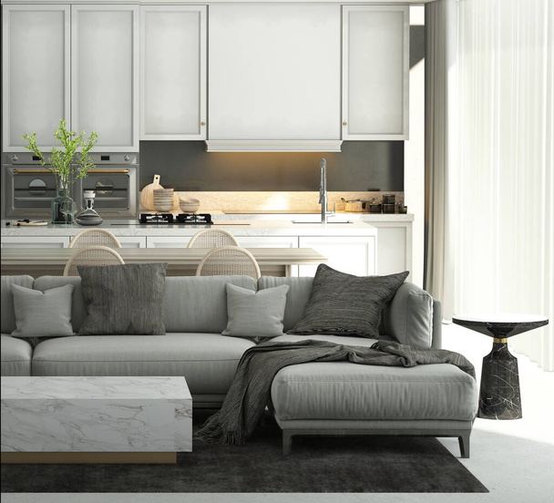 Дом и оформление макет мебели и дизайн интерьера современной гостиной и столовой и кухни пространство и белая стена текстура фона, 3D рендеринга - Фото, изображение