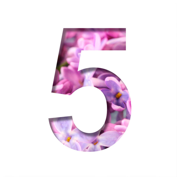 Lilac spring flowers font. Digit five, 5 cut out of white on the background of bright spring flowers of lilac. Set of decorative natural fonts. - Photo, Image