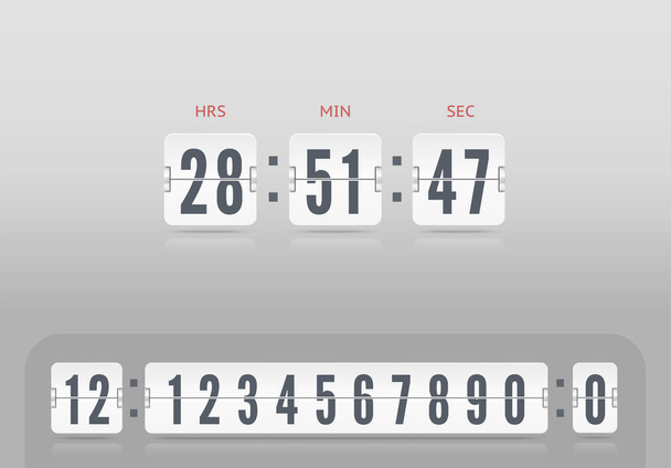 Flip countdown number on light vector illustration template. White scoreboard number font. Vintage clock time counter. - Vector, Image