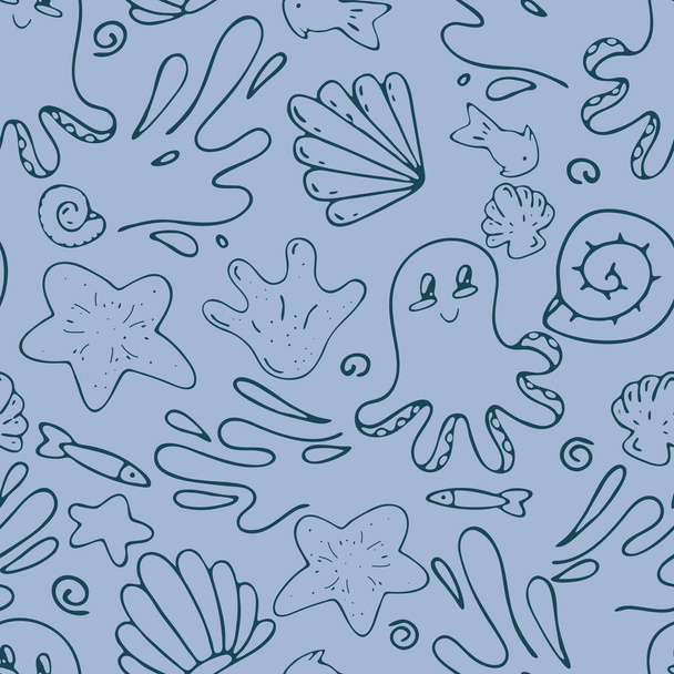 blue seashells, fish, octopus, waves, vector seamless pattern of doodle elements with black outline on light blue background - Vector, Image