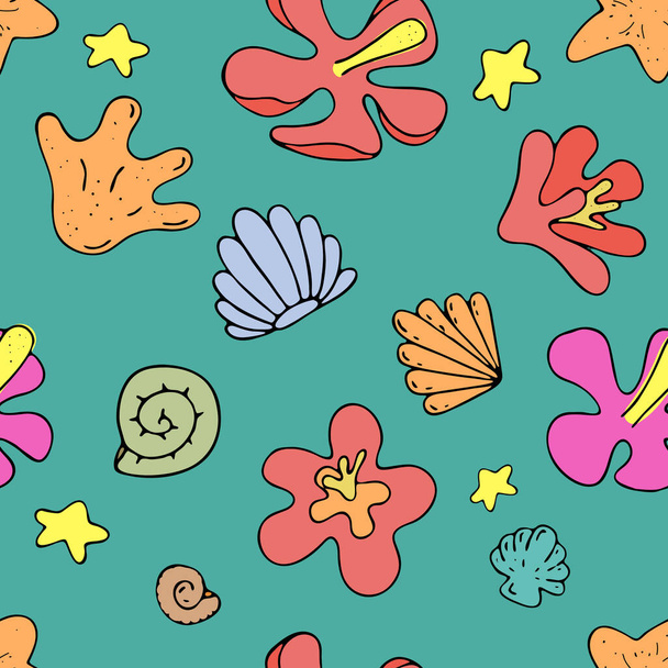 sea and tropical shells and flowers, vector seamless pattern of doodle elements with black outline on a blue background - Vektor, kép