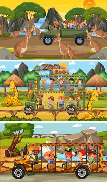 Joukko erilaisia safari horisontaalinen kohtauksia eläinten ja lasten sarjakuvahahmo kuvitus - Vektori, kuva