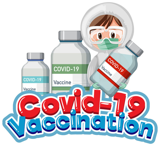 Covid-19 Fuente de vacunación con un médico que sostiene la ilustración de la botella de covid-19 - Vector, imagen