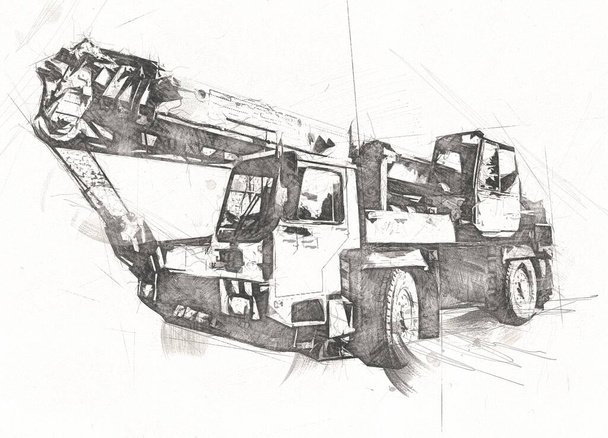 gru mobile con braccio risorto all'aperto camion disegno vintage schizzo - Foto, immagini