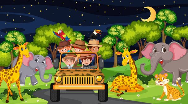Dieren in Safari scène met kinderen in de toeristische auto illustratie - Vector, afbeelding