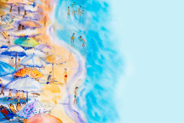 Abstrakti akvarelli merimaisema maalaus värikäs perheen loma ja matkailu ilmapiirissä hauskaa kesän sinisellä pohjalla. - Valokuva, kuva
