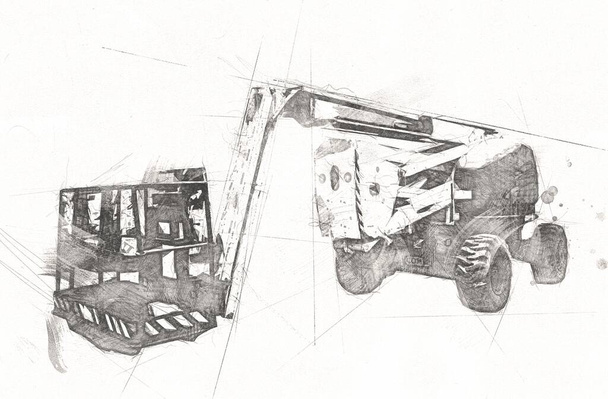 Carretilla elevadora en un sitio de construcción, preparándose para elevar piezas de construcción ilustrador dibujo de arte - Foto, Imagen