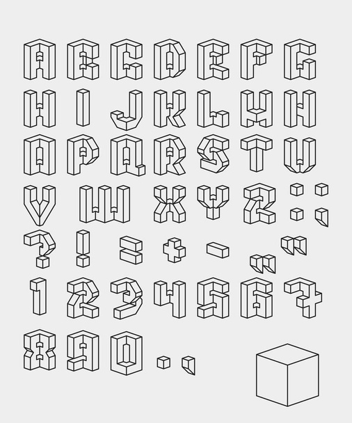 Vector set of grayscale characters. 3D isometric font. Contour alphabet. Vector letters, numbers and punctuation marks. Editable strokes. - Vektor, kép