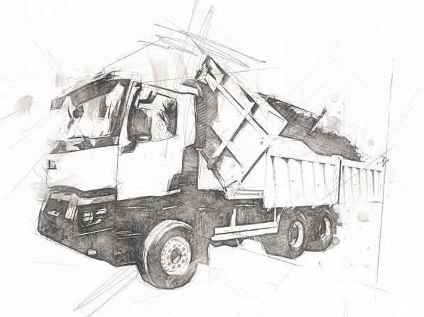 Amarelo caminhão de descarga ilustração arte desenho esboço retro antiguidade vintage - Foto, Imagem