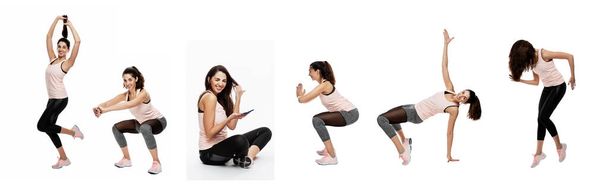 Young woman in sportswear is doing exercises. Collage. A set of images of a beautiful slender brunette. Isolated on white background. Panorama format. Active lifestyle. - Foto, imagen