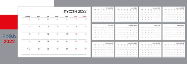 Calendar for 2022 year. An organizer and planner for every day. Week starts from Monday. 12 boards, months set. Wall layout. Clear template. Polish language. - Vector, Image