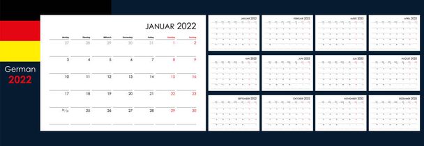 Kalenteri 2022 vuoden. Järjestäjä ja suunnittelija joka päivä. Viikko alkaa maanantaista. 12 lautaa, kuukausi valmiina. Seinäpohjapiirros. Tyhjä malli. Saksan kieli. - Vektori, kuva
