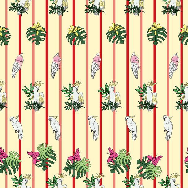 Vector pastel yellow background tropical birds, parrots, exotic cheese plant, monstera, hibiscus flowers. Seamless pattern background - Vector, Image