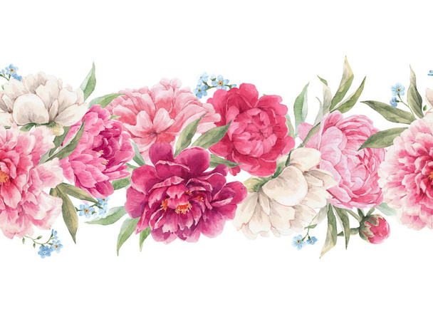 Όμορφη απρόσκοπτη floral οριζόντια μοτίβο με ζωγραφισμένα στο χέρι ακουαρέλα απαλό ροζ παιώνιος λουλούδια. Εικονογράφηση αποθεμάτων. - Φωτογραφία, εικόνα