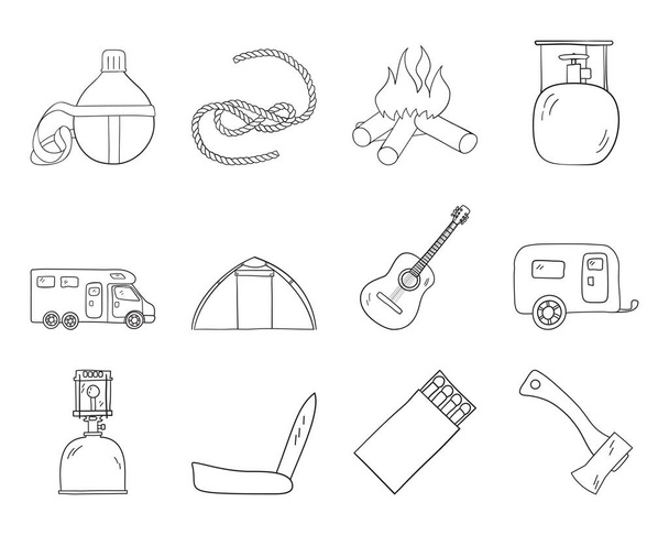Ensemble d'icônes de camping. Dessin à la main Doodle Sketch Design. Illustration vectorielle. - Vecteur, image