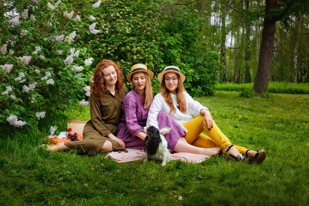 Ystävillä on piknik maaseudulla. Ryhmä nuoria naisia istumassa huopalla puistossa lähellä syreenipensasta. Kolme tyttöystävää syö ja juo ulkona juhlissa. - Valokuva, kuva