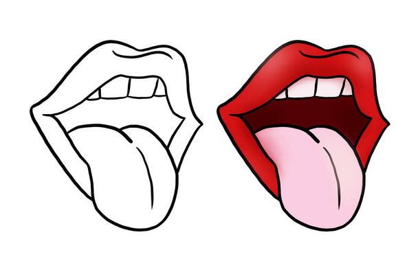 pop art lips with red lipstick and black heart. vector illustration. - Valokuva, kuva
