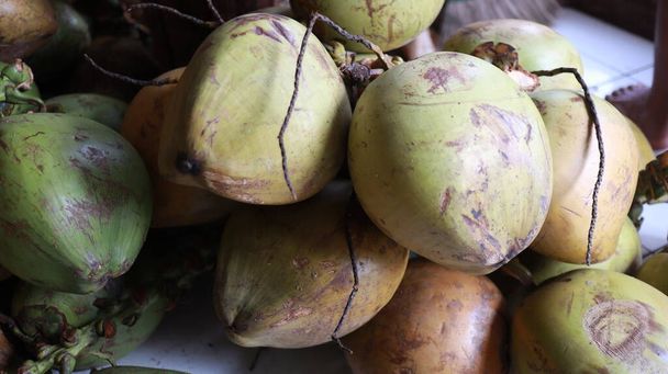 Verse jonge kokosnoten, verse groene kokosnoot, stapels groene kokosnoot, de Javanen noemen het degan of kelapa muda. Jong groen kokosfruit dat meer overheerlijke kokossap heeft. - Foto, afbeelding