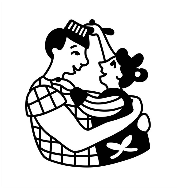 Dad is playing with the baby. My daughter makes hairstyles for her dad. A fun joint game of dad and baby. Illustration in black and white, on an isolated background, for cutting on a plotter for - Vector, Image