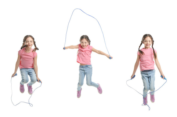 Cute happy girl with jumping rope on white background, collage. Banner design - Foto, imagen