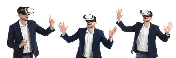 Man using virtual reality headset on white background, collage. Banner design - Photo, image