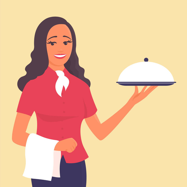 A beautiful girl waiter stands with a tray in his hand. There is a smile on my face. Vector cartoon character illustration - Vector, Image