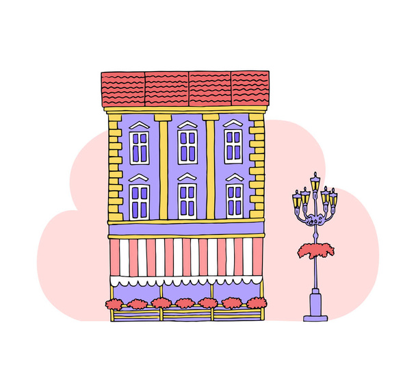 Ładny miejski budynek retro z kawiarnią na parterze. Światło uliczne. Wektor kolor kreskówki ilustracja ręcznie rysowane - Wektor, obraz