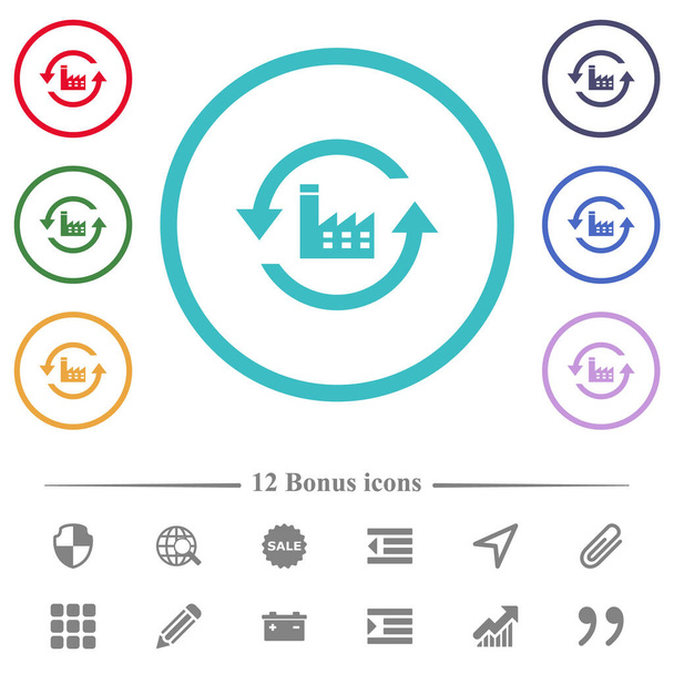 Reset to factory defaults flat color icons in circle shape outlines. 12 bonus icons included. - Vector, Image